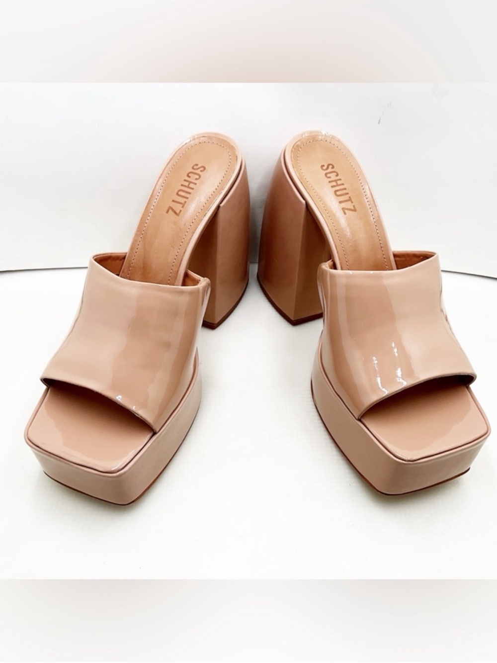 Schutz Aretha Women’s Nude Patent Platform Mule Heels